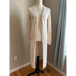 Freshman 1996 Cream Ivory Crochet Maxi Cardigan Y2K-Inspired Open Knit Duster M
